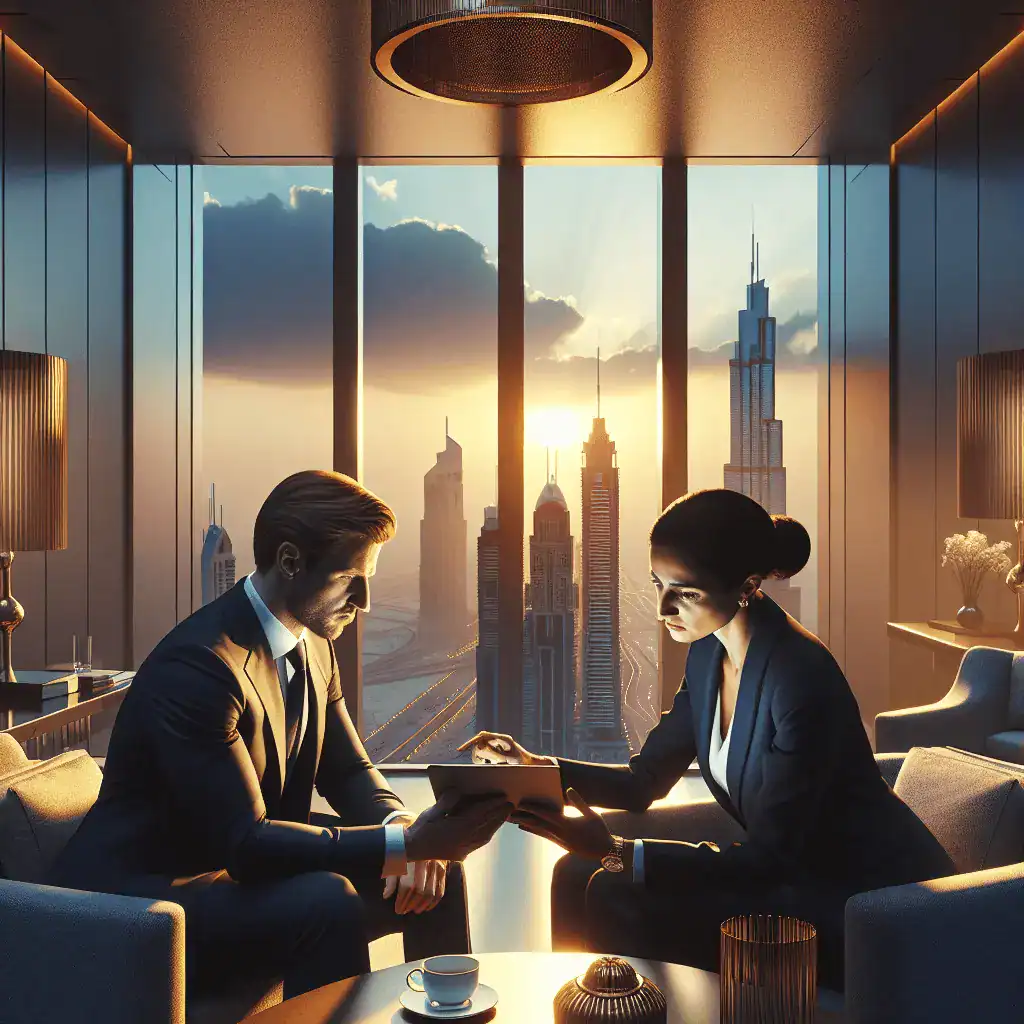 Dos empresarios, un hombre y una mujer, revisan una tablet en una oficina de lujo con vistas al atardecer de Dubái.