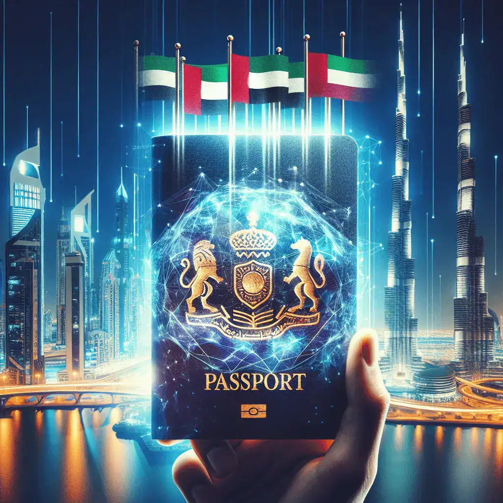 Pasaporte holográfico moderno con las banderas brillantes de los 6 países del CCG, sobre un fondo futurista y desenfocado del horizonte de Dubái al atardecer en tonos azules y dorados.