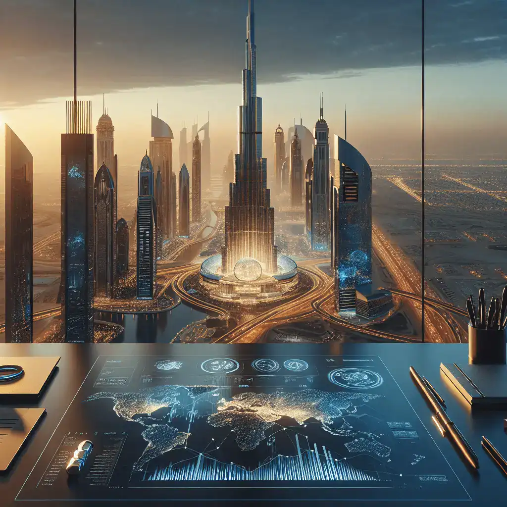 Panorámica cinematográfica de Dubái al atardecer con el Museo del Futuro, Burj Khalifa y escritorio con datos financieros holográficos.
