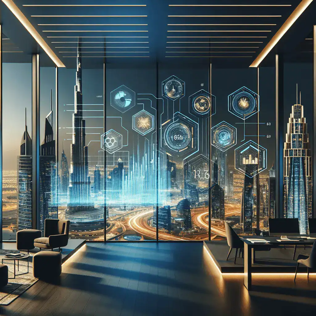 Una oficina moderna y de lujo en un rascacielos de Dubái, con vistas al Burj Khalifa y al horizonte. Una pantalla holográfica muestra una interfaz futurista de facturación electrónica con gráficos financieros e iconos dorados, en tonos azul marino y oro.