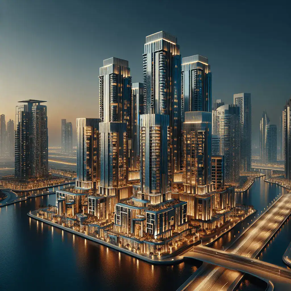 Vista panorámica profesional del horizonte de Dubái al atardecer, mostrando torres residenciales de lujo como Burj Khalifa y la zona de la Marina, con una paleta de colores azul profundo y dorado metálico.