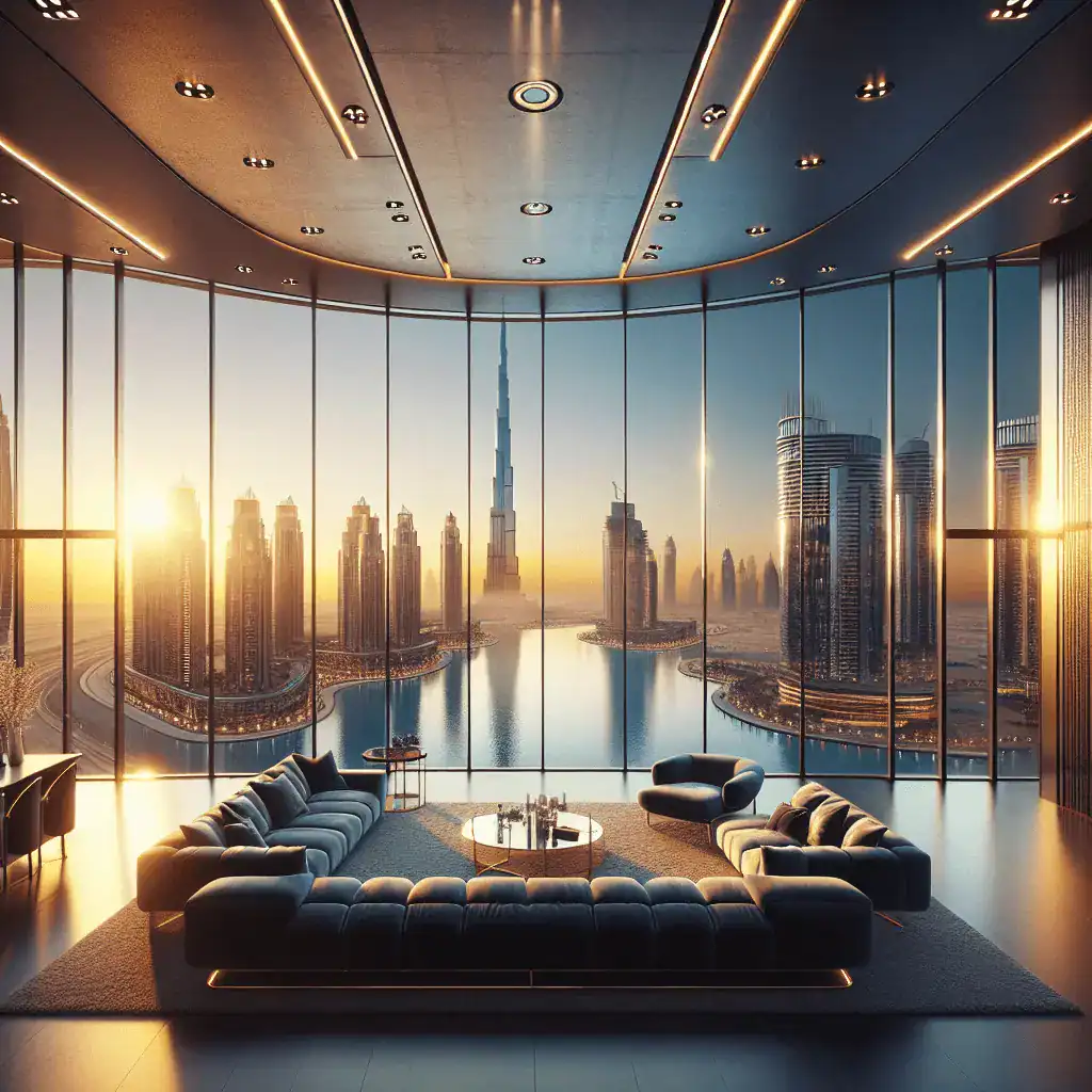 Fotografía arquitectónica de un penthouse de lujo ultramoderno en Dubái con ventanas de suelo a techo, vistas al Burj Khalifa y al Canal de Dubái al atardecer, con una paleta de azul marino y acentos dorados.