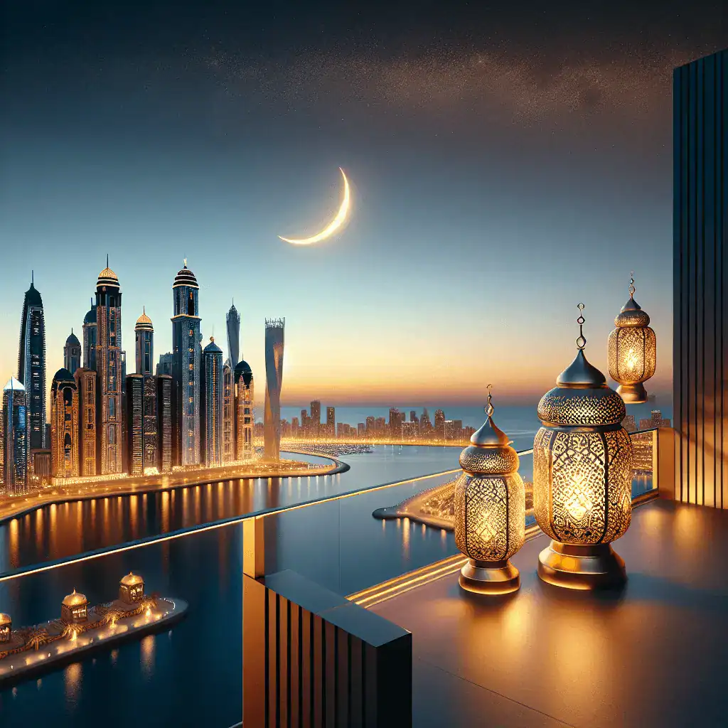 Toma panorámica profesional y lujosa del skyline de Dubai Marina al anochecer durante el Ramadán, con una luna creciente dorada visible. Un balcón moderno con faroles árabes dorados en primer plano.