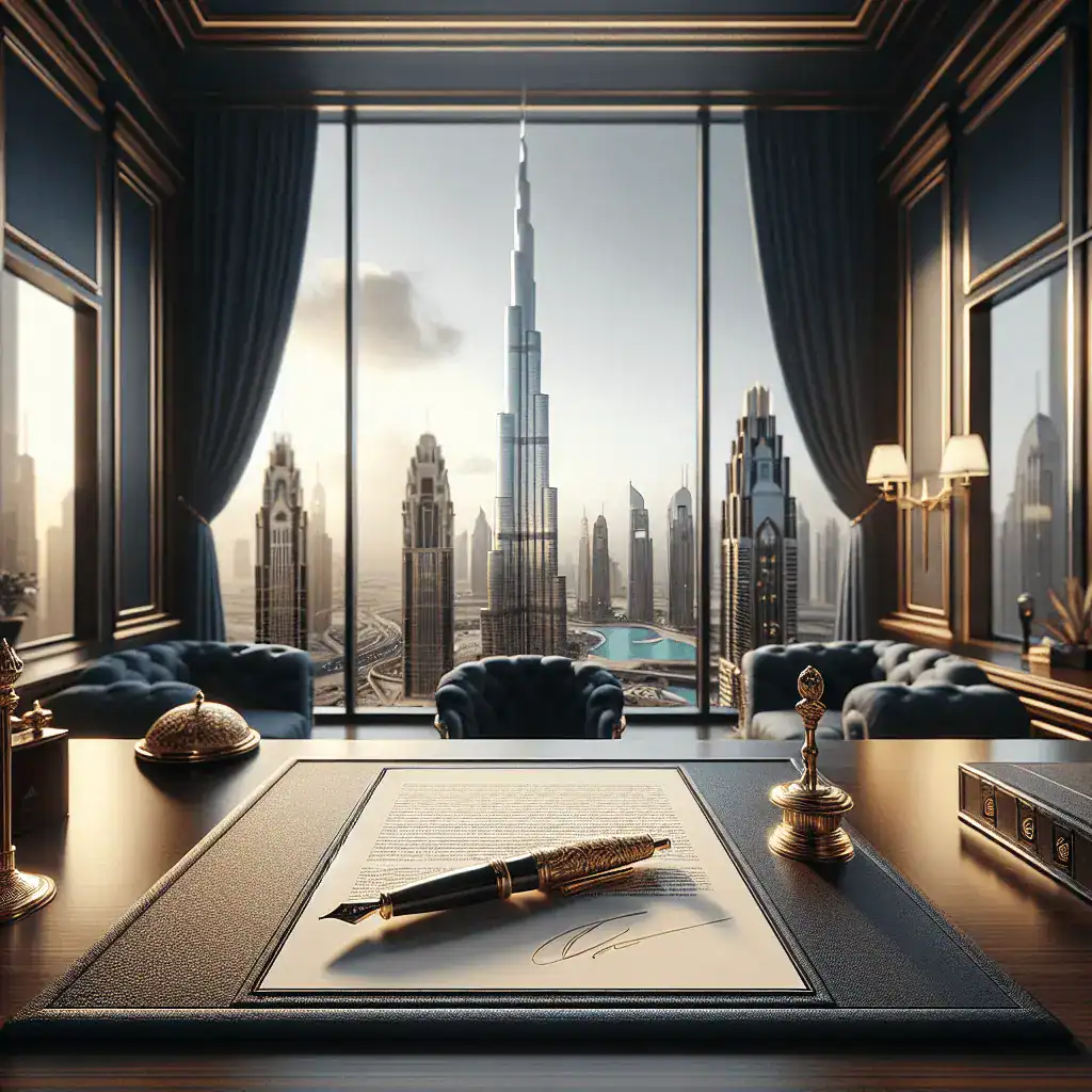 Oficina de lujo en Dubái con vistas al Burj Khalifa, escritorio de caoba con documento legal y pluma de oro, acentos azul marino y dorado.