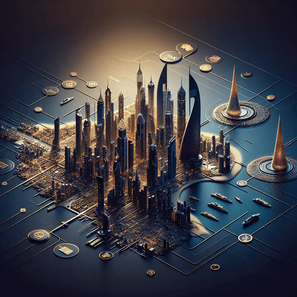 Vista panorámica hiperrealista de los horizontes de Dubái y Doha fusionándose en un mapa estilizado del CCG, con una paleta de azul marino profundo y oro metálico. Se aprecian la Burj Khalifa y la Aspire Tower, junto a sutiles iconos de visas y certificados dorados.