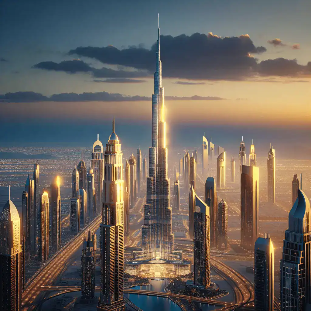 Panorámica 16:9 del horizonte de Dubái al atardecer con el Burj Khalifa, en tonos azul marino y dorado, estética corporativa.