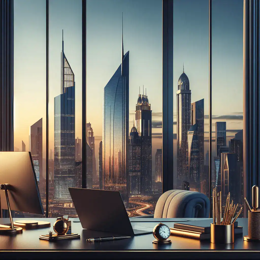 Vista panorámica fotorrealista del horizonte de Dubái al atardecer, con el Burj Khalifa, visto desde una ventana de oficina de lujo. En primer plano, un escritorio de madera con laptop y accesorios dorados. Colores azul corporativo y oro.