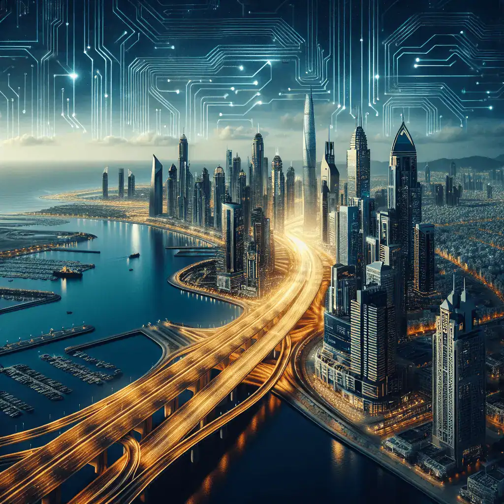 Un panorama futurista de alta tecnología donde el horizonte de Dubái se fusiona con el puerto Victoria de Hong Kong, conectados por un puente digital de luz dorada y circuitos, con una paleta de colores azul profundo y dorado.