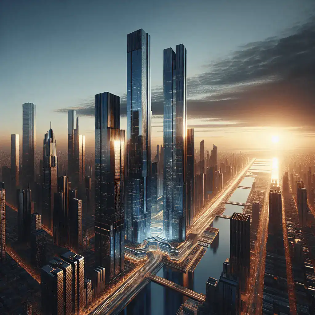 Vista panorámica hiperrealista de Uptown Dubai en 2026 al atardecer, con un nuevo rascacielos de 600 metros y reflejos dorados y azules en el cristal.