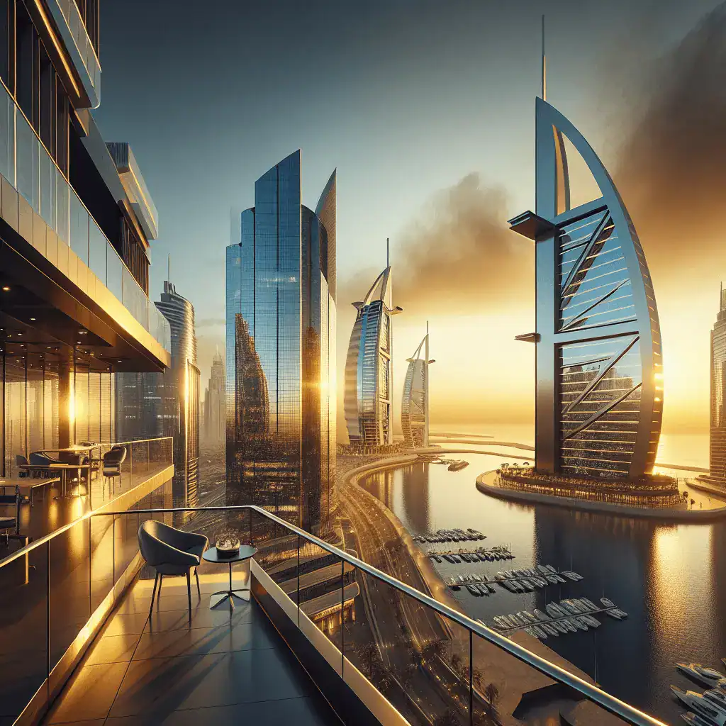 Vista panorámica de la Marina de Dubai y el Burj Al Arab al atardecer, con rascacielos de cristal y un balcón de oficina moderno.