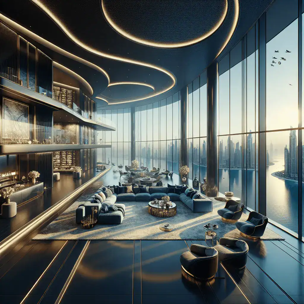 Interior de un penthouse moderno ultralujoso en Dubái. La imagen muestra ventanales de suelo a techo con vistas panorámicas al Golfo Arábigo, mobiliario de alta gama y acentos en azul profundo y dorado.