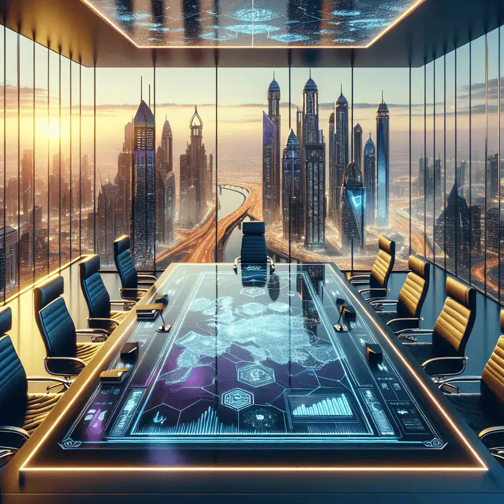 Amplia toma cinematográfica del skyline del DIFC en Dubái al atardecer, con acentos azules y dorados. En primer plano, una mesa de cristal con un mapa holográfico de las zonas económicas de Dubái.