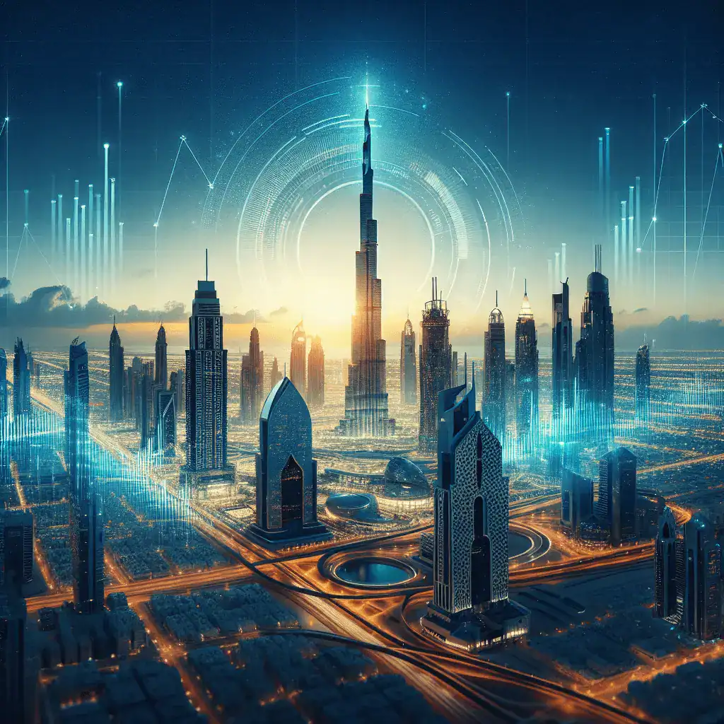 Imagen panorámica 16:9 de Dubái al atardecer. Se ve el Burj Khalifa y el DIFC con tonos dorados y azules. Gráficos digitales abstractos de crecimiento y estabilidad se superponen sutilmente, simbolizando la fortaleza económica de la ciudad. Predominan colores azul corporativo y dorado.