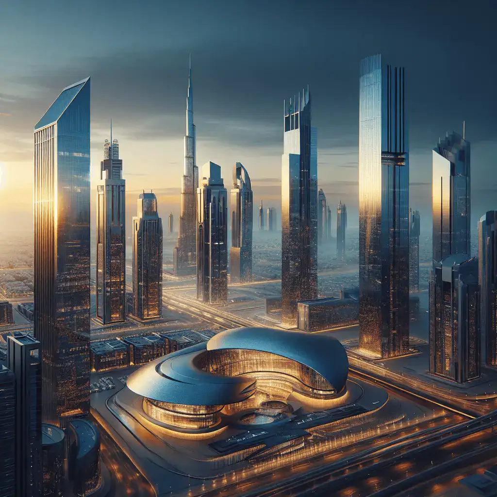 Skyline del DIFC y Museo del Futuro de Dubái al atardecer, con rascacielos de cristal y detalles dorados.