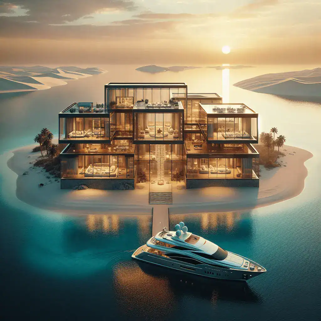 Vista cinematográfica de una villa moderna de lujo en Amali Island, Dubái. Paredes de cristal, playa privada, agua turquesa del Golfo Pérsico, yate y atardecer. Predominan tonos dorados y azules profundos de MyDubaiWay.