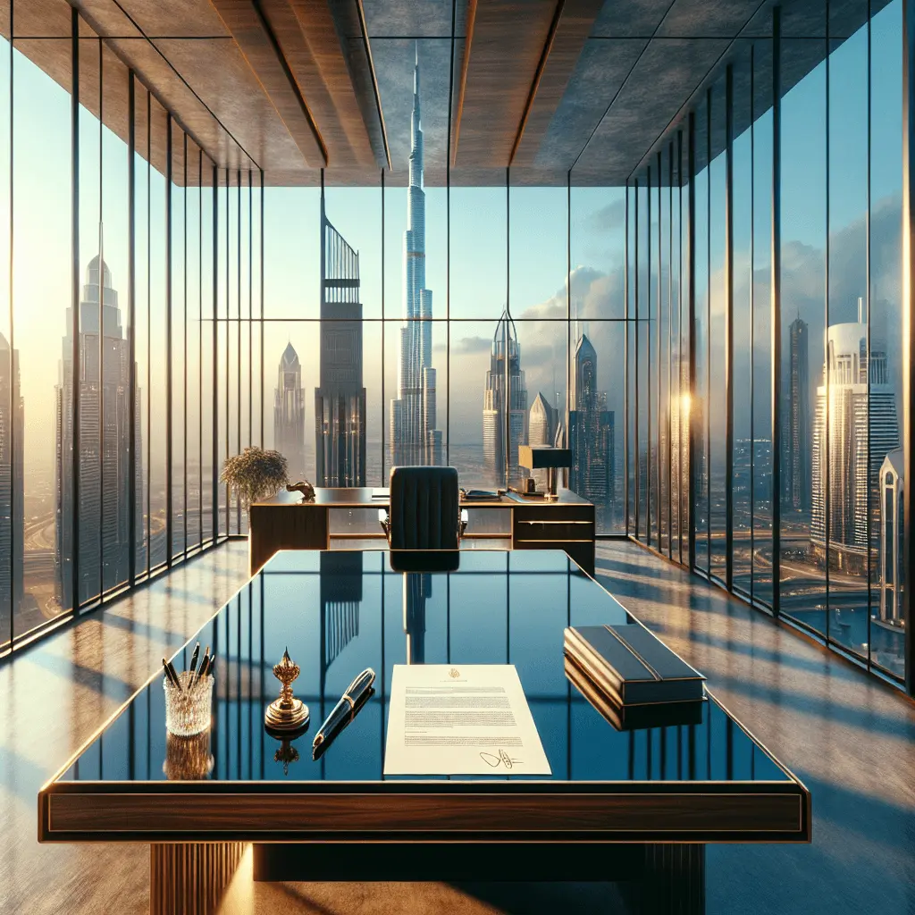 Oficina moderna y lujosa en Dubái con vistas al Burj Khalifa, un escritorio elegante con un contrato firmado y una pluma de lujo.