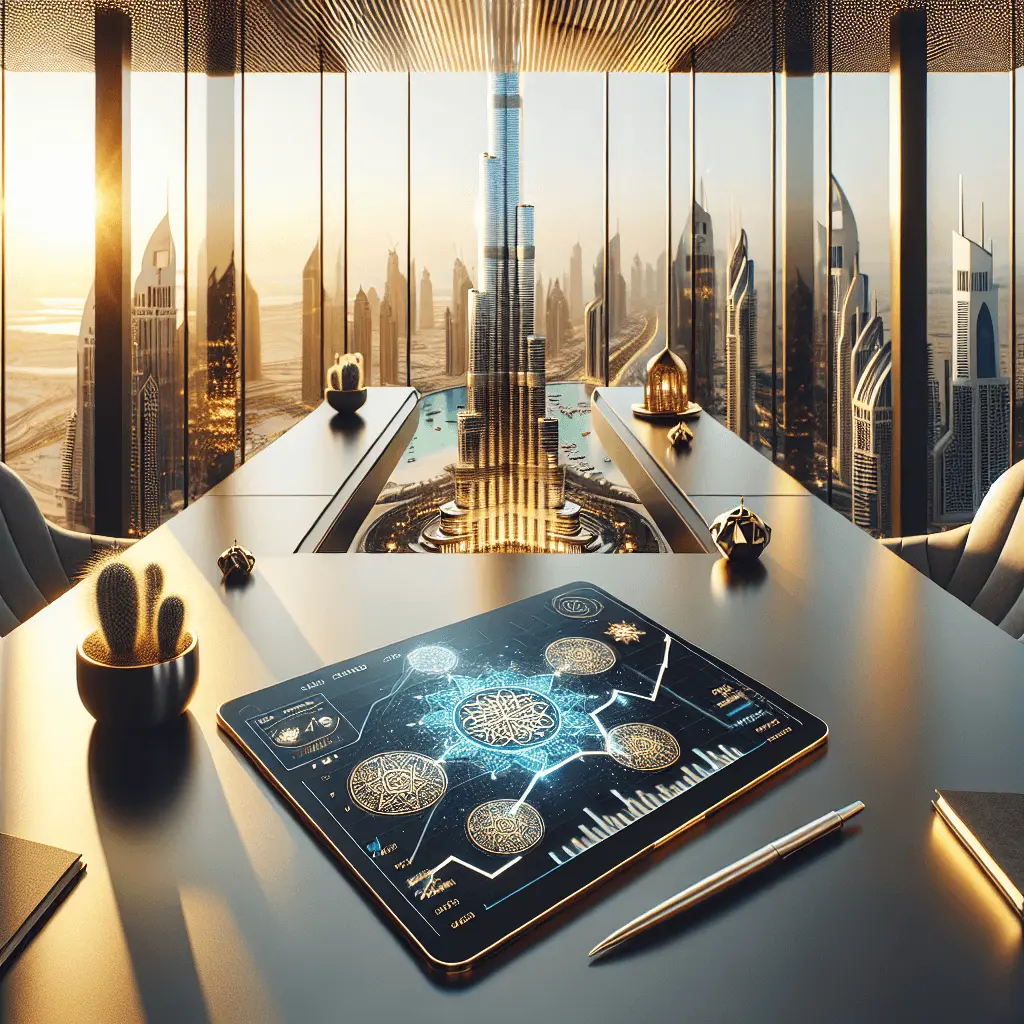 Escritorio de oficina futurista de alta gama en un rascacielos de Dubái con vista al Burj Khalifa al atardecer. Una tablet moderna muestra una aplicación de gestión de patrimonio con detalles dorados y azules, gráficos de crecimiento y patrones geométricos islámicos. El ambiente es profesional, lujoso y tecnológicamente avanzado. Relación de aspecto 16:9.