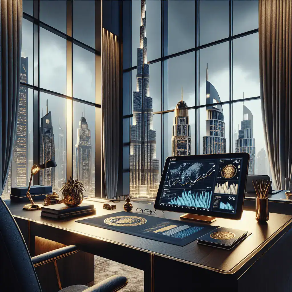 Una lujosa oficina en el Dubai International Financial Centre (DIFC) con ventanas panorámicas que muestran el Burj Khalifa. En el primer plano, un escritorio de madera con una tableta digital presentando gráficos financieros y un sello dorado de los EAU.