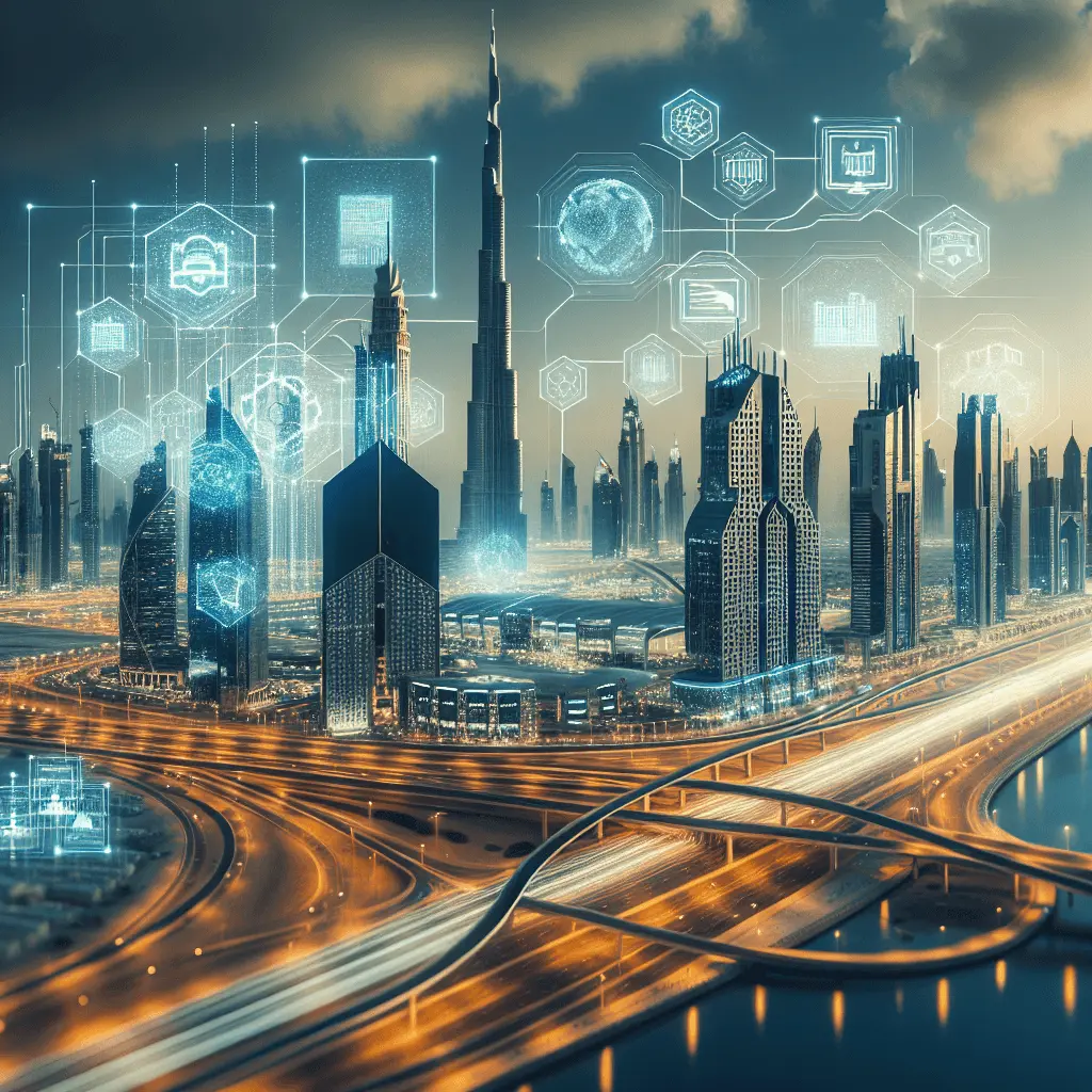 Una vista panorámica 16:9 de alta tecnología de la zona industrial de Dubái, con rascacielos futuristas y superposiciones holográficas de IA y circuitos de cadena de suministro, en tonos dorados y azules.