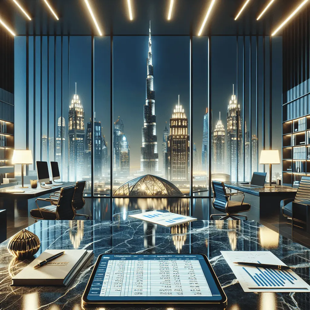Oficina de lujo profesional en Dubái con vistas al Burj Khalifa desde grandes ventanales. Un escritorio de mármol liso exhibe una tablet con gráficos de impuestos financieros y documentos oficiales de EAU. Iluminación brillante y moderna, con tonos azul marino y detalles dorados.