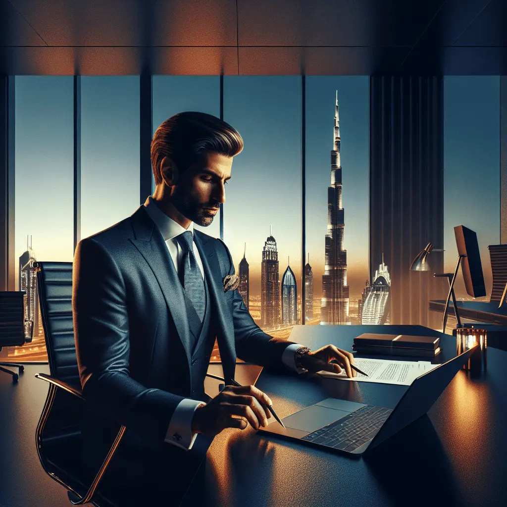 Un empresario elegante en una oficina de lujo con vistas panorámicas al skyline de Dubái y el Burj Khalifa al atardecer, en tonos azul marino y dorado.