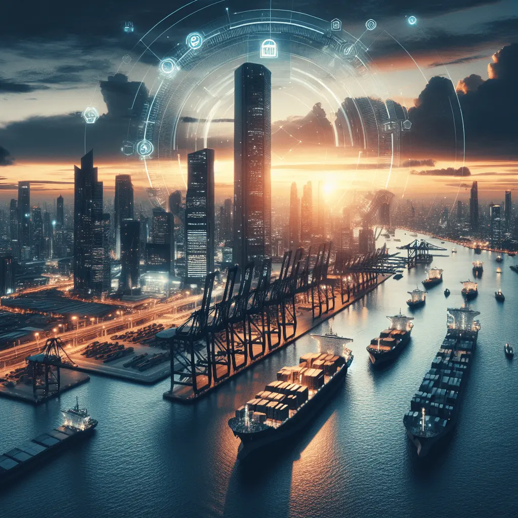 Panorámica cinematográfica de la silueta de Dubái al atardecer, con el puerto de Jebel Ali en primer plano, cargueros, el Burj Khalifa a lo lejos y una paleta azul marino y oro.