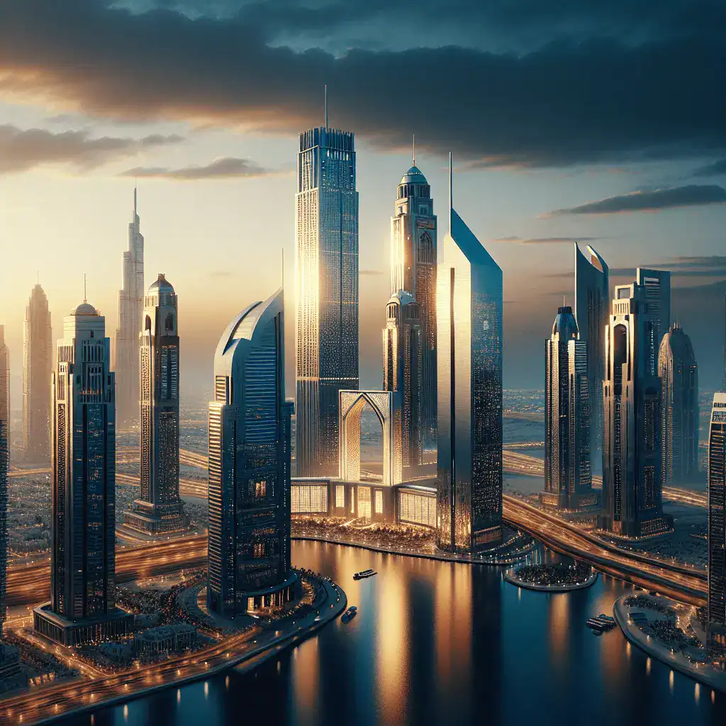 Vista cinematográfica del distrito financiero de Dubái (DIFC) al atardecer, con rascacielos modernos y tonos azules profundos y dorados.