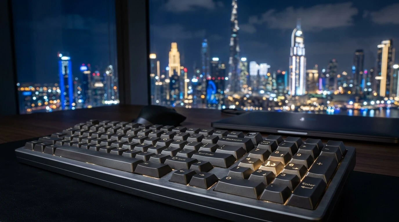 Fotografía de primer plano de un teclado de computadora metálico de alta gama con un símbolo de Dirham de los EAU sutilmente brillante en la tecla número 6, con un borroso horizonte de Dubai de noche al fondo.