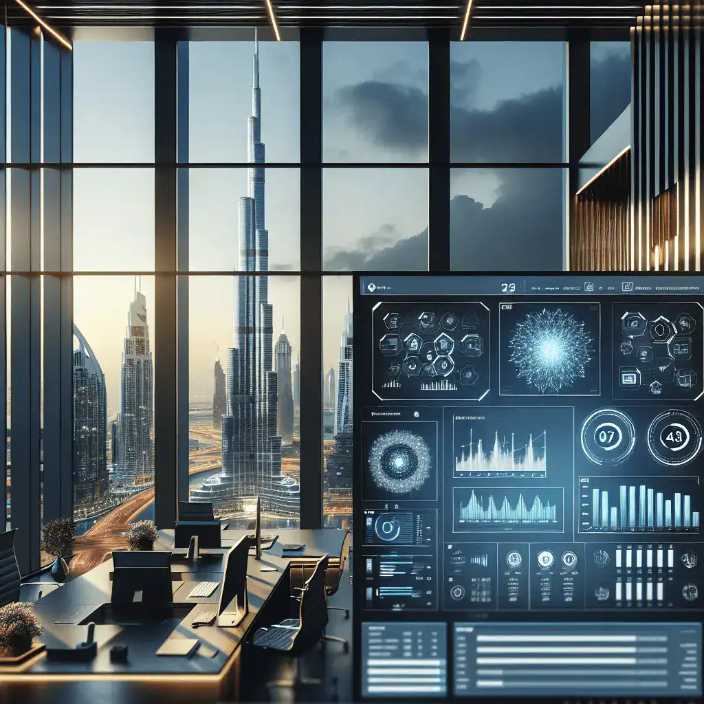 Oficina moderna y profesional en Dubai con el Burj Khalifa visible. En primer plano, una interfaz digital con facturas electrónicas y gráficos financieros. Predominan los colores azul marino y detalles dorados. Relación de aspecto 16:9, iluminación cinematográfica.