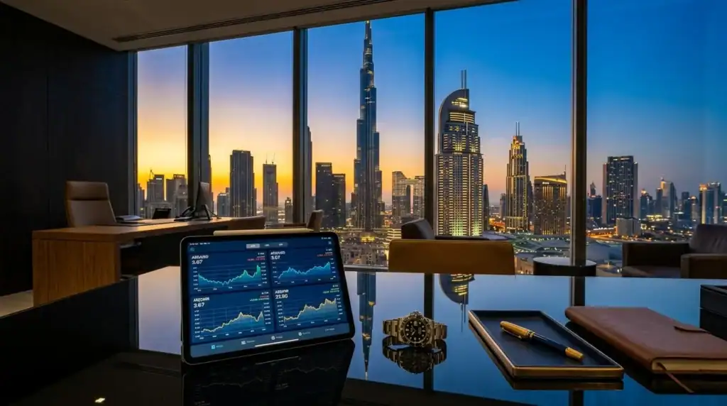 Imagen panorámica de alta gama de Dubai al atardecer, mostrando estabilidad financiera con rascacielos, Burj Khalifa y un escritorio de vidrio con gráficos de divisas.