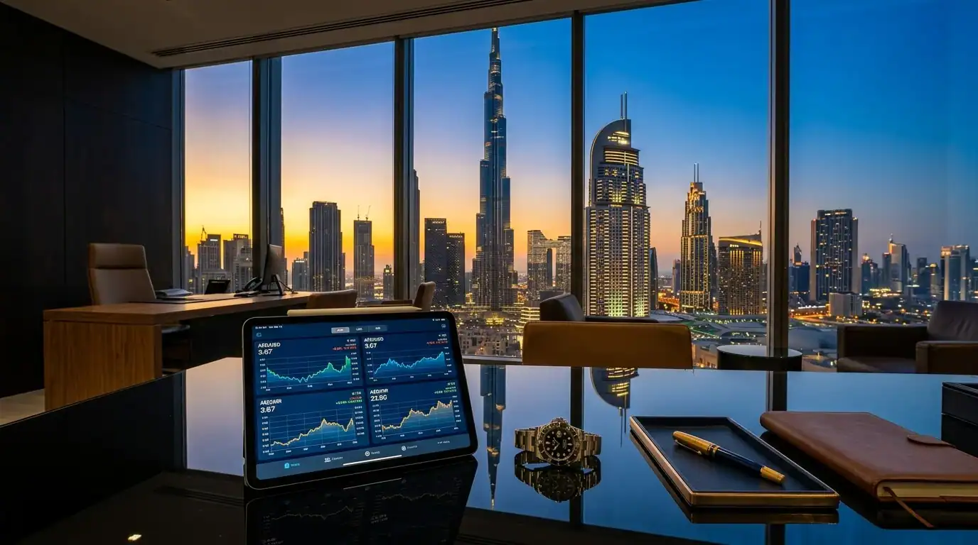 Imagen panorámica de alta gama de Dubai al atardecer, mostrando estabilidad financiera con rascacielos, Burj Khalifa y un escritorio de vidrio con gráficos de divisas.