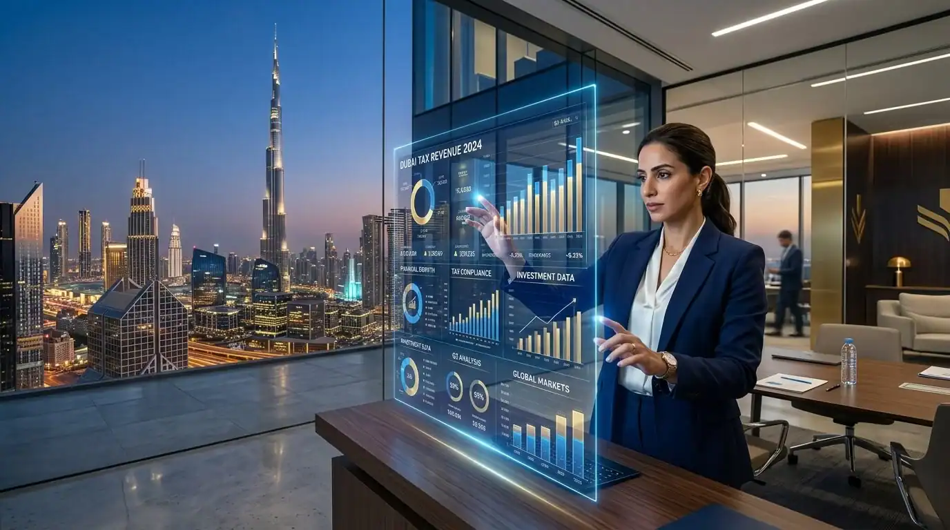 Fotografía panorámica 16:9 de una oficina corporativa moderna y de alta tecnología en Dubai. Un consultor profesional interactúa con una interfaz holográfica futurista que muestra datos financieros y gráficos fiscales. El fondo presenta el horizonte de Dubai con el Burj Khalifa. Estilo: profesional, hiperrealista, sofisticado, con acentos profundos en azul y dorado.