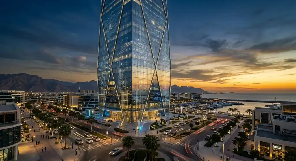 Un plano cinematográfico amplio de un rascacielos moderno de cristal en la Ciudad de la Innovación de Ras Al Khaimah al atardecer, con patrones de circuitos digitales sutilmente superpuestos en la arquitectura, iluminación azul profundo y dorada, con una estética corporativa premium.