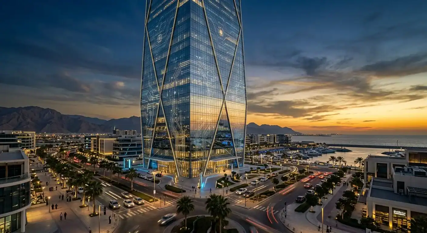Un plano cinematográfico amplio de un rascacielos moderno de cristal en la Ciudad de la Innovación de Ras Al Khaimah al atardecer, con patrones de circuitos digitales sutilmente superpuestos en la arquitectura, iluminación azul profundo y dorada, con una estética corporativa premium.