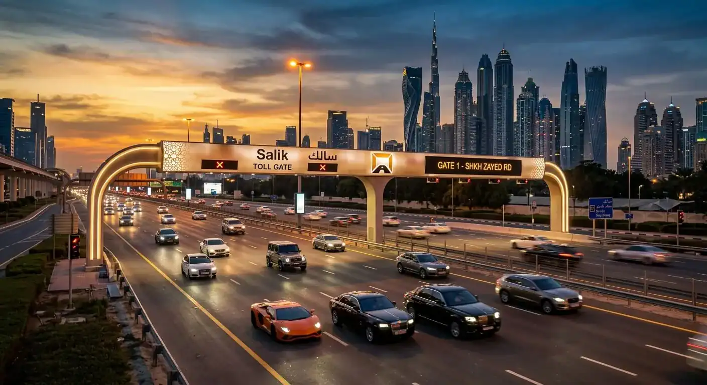 Amplio plano cinematográfico de una autopista moderna en Dubai con sus cabinas de peaje Salik, coches de lujo circulando, bajo la luz dorada y azul profundo de un atardecer. Fotografía corporativa profesional en resolución 8k, con un ambiente de alta gama y negocios.