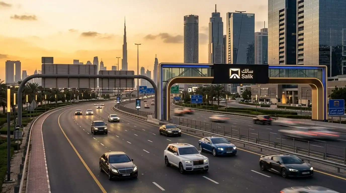 Vista panorámica de una autopista moderna en Dubai durante la hora dorada, con un peaje Salik al fondo y coches de lujo pasando.