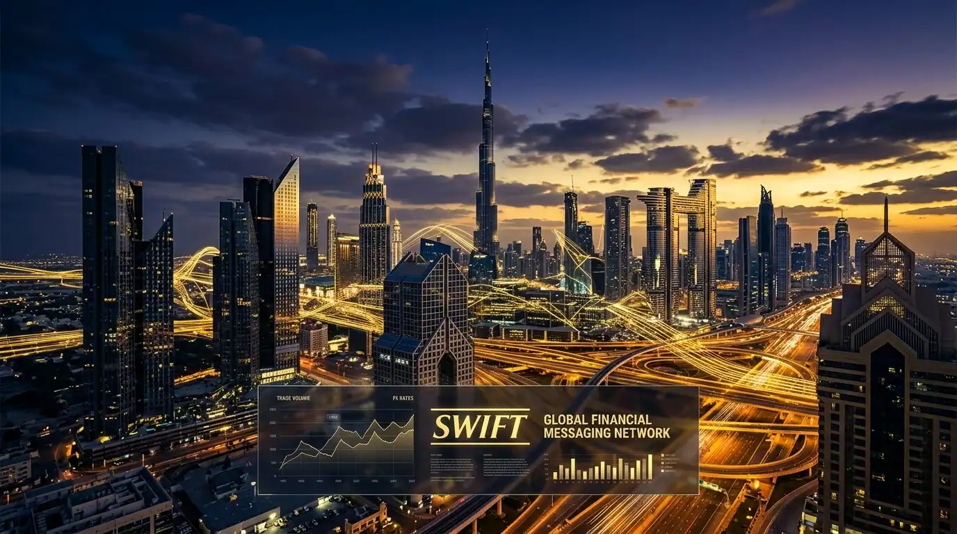 Representación digital del distrito financiero de Dubai al atardecer, con rascacielos elegantes y líneas de datos doradas que simbolizan transacciones financieras globales, una interfaz bancaria sutil y el texto 'SWIFT'.