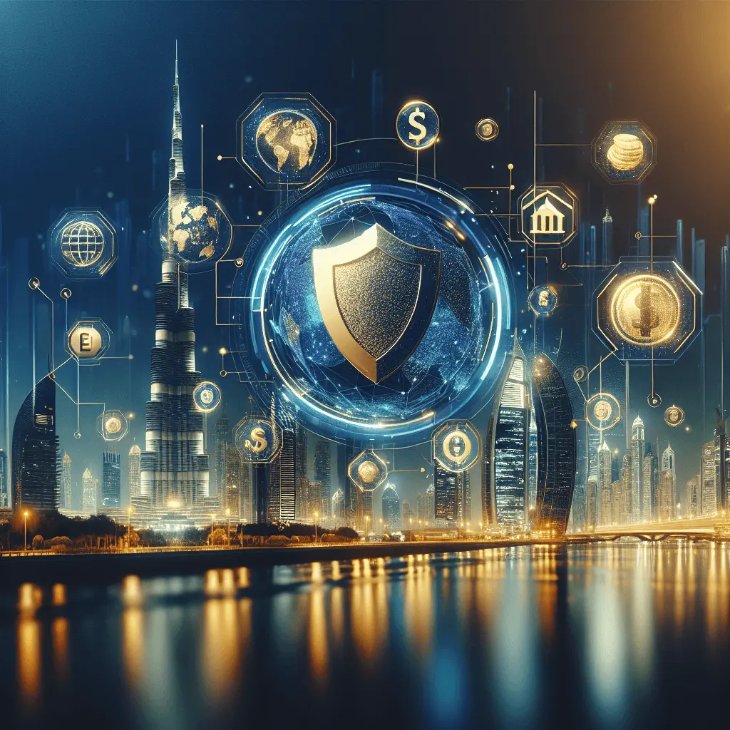 Interfaz digital moderna con iconos holográficos de seguridad y finanzas en Dubái al atardecer.