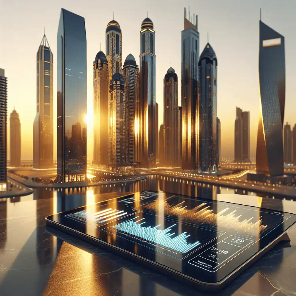Vista profesional y de alta gama del Centro Financiero Internacional de Dubái (DIFC) al atardecer, con rascacielos de cristal modernos reflejando luz dorada. En primer plano, un elegante escritorio de mármol con una tableta digital que muestra gráficos de crecimiento financiero en azul y dorado.
