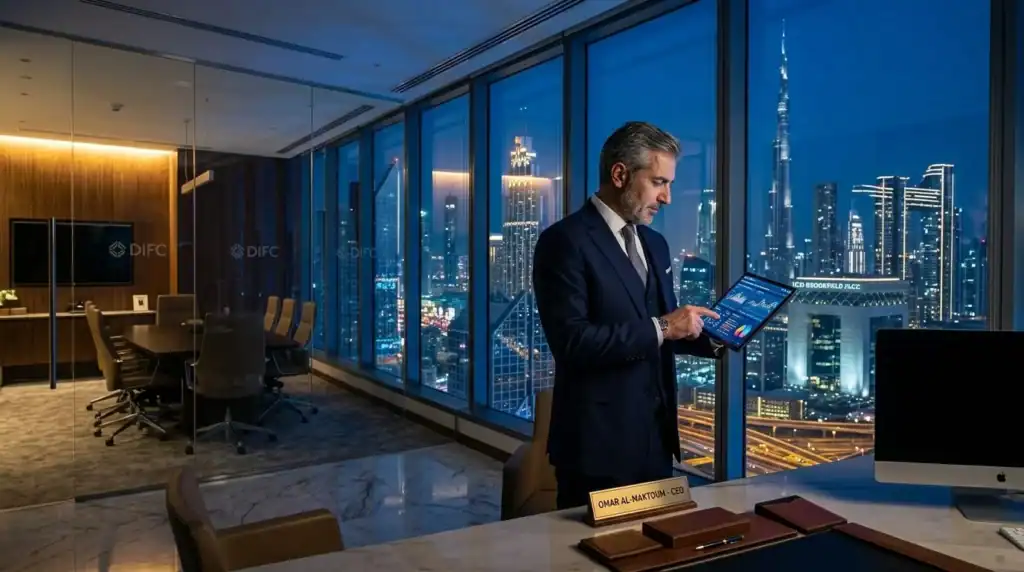 Ejecutivo usando una tablet con gráficos financieros en una oficina moderna de Dubái.
