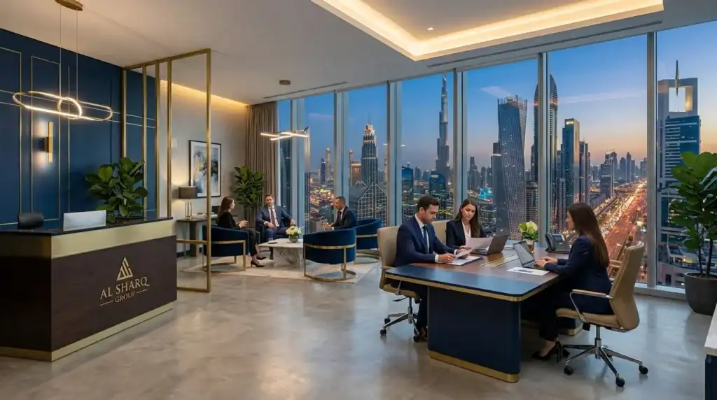 Imagen de una oficina corporativa moderna y lujosa con vistas al horizonte de Dubai, arquitectura limpia con detalles en azul profundo y dorado, iluminación cinematográfica.