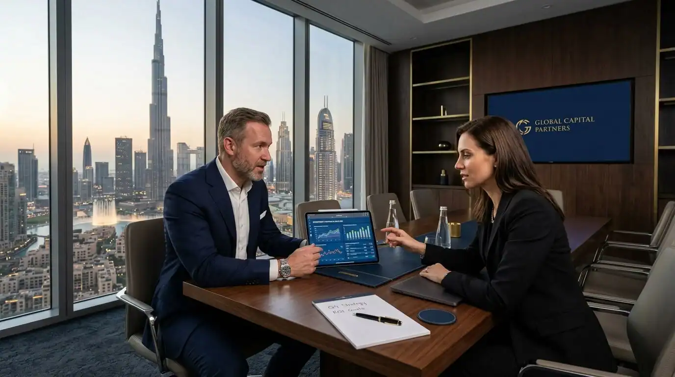 Consultor profesional y un inversor internacional discutiendo gráficos financieros en una tablet en una sala de juntas corporativa de alta gama en un rascacielos de Dubái, con vistas al Burj Khalifa. Estilo moderno y minimalista con acentos azul oscuro y dorado.