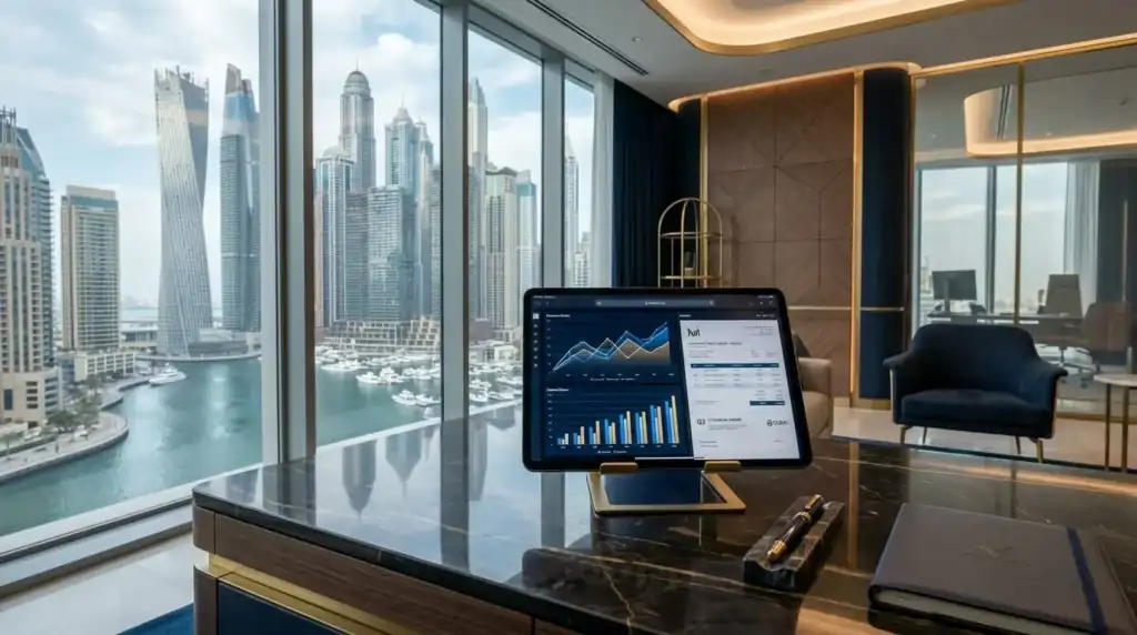 Una oficina corporativa moderna y elegante en Dubai con líneas arquitectónicas limpias, acentos en azul oscuro y dorado. Una tablet moderna en un escritorio de mármol muestra gráficos financieros abstractos y facturas digitales. El horizonte de Dubai Marina se ve a través de amplias ventanas de vidrio con luz diurna suave.