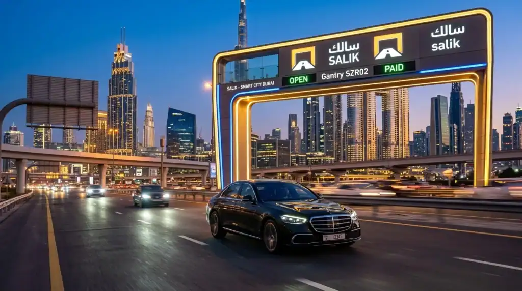 Fotografía profesional de un vehículo de lujo pasando por una moderna cabina de peaje Salik en Dubai, con rascacielos futuristas al atardecer, iluminación azul corporativa y dorada.