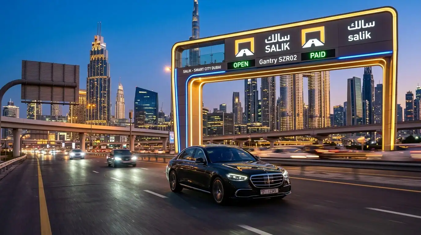 Fotografía profesional de un vehículo de lujo pasando por una moderna cabina de peaje Salik en Dubai, con rascacielos futuristas al atardecer, iluminación azul corporativa y dorada.