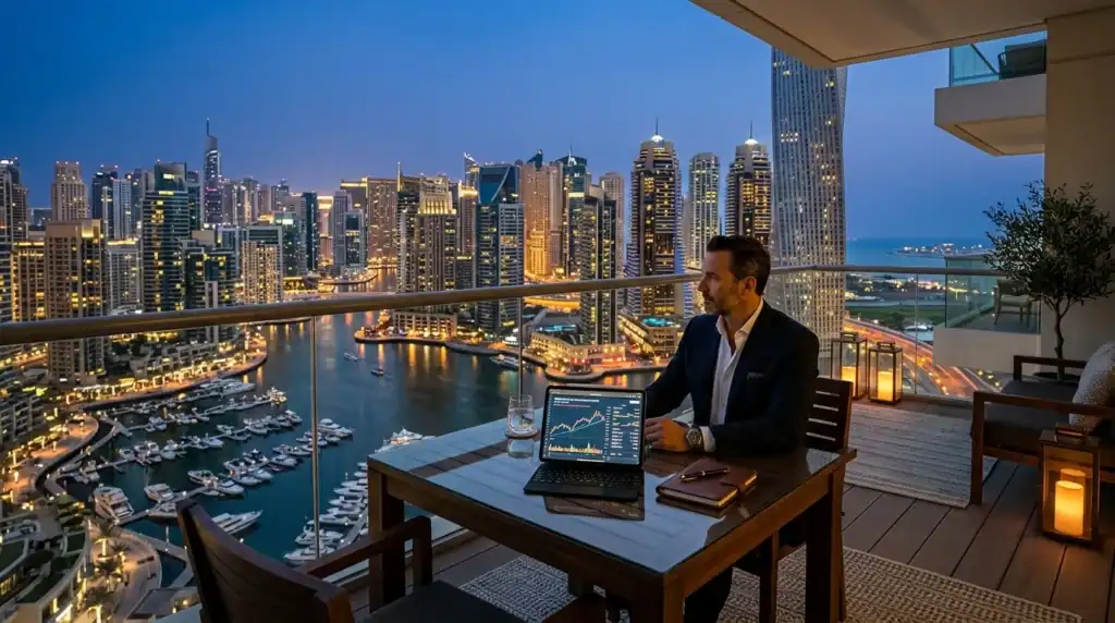 Balcón de apartamento de lujo en Dubái con vistas al horizonte del puerto deportivo al anochecer, con una mesa de madera y una tableta que muestra gráficos financieros.