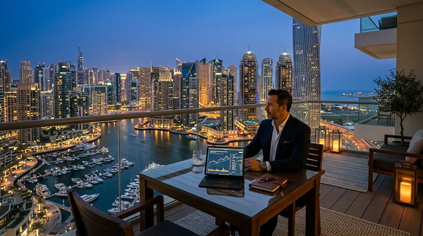 Balcón de apartamento de lujo en Dubái con vistas al horizonte del puerto deportivo al anochecer, con una mesa de madera y una tableta que muestra gráficos financieros.