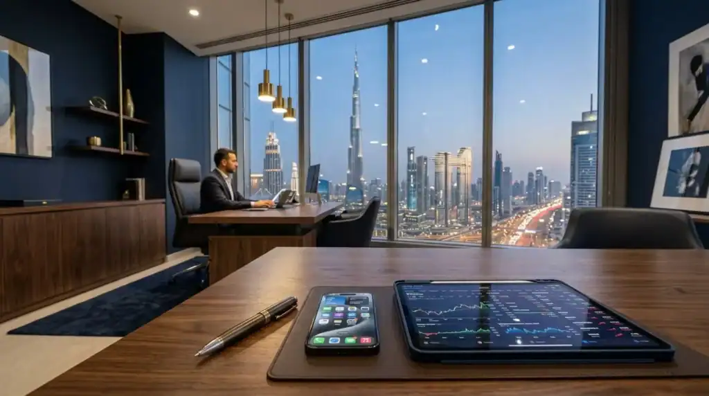 Interior de una oficina de lujo moderna en un rascacielos de alta tecnología en Dubai, con vistas al Burj Khalifa. Una mesa de madera oscura premium tiene un bolígrafo metálico, un smartphone moderno y una tablet mostrando gráficos financieros. Fotografía corporativa profesional, acentos en azul marino profundo y dorado, muy realista, relación de aspecto 16:9.