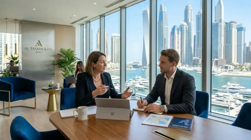 Un consultor de negocios discutiendo estrategias de visas y reubicación con un empresario internacional en una oficina corporativa moderna y luminosa en Dubai con vistas a la Marina.