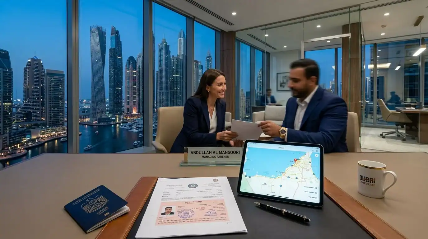 Fotografía panorámica de un escritorio moderno de lujo en una oficina en Dubai Marina, con un pasaporte, documentos de visa y una tableta mostrando un mapa de los EAU.